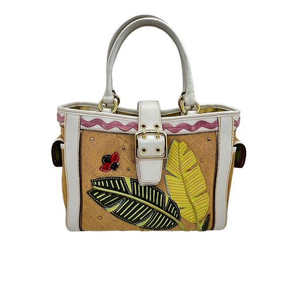 Coach Leafy LadyBug Straw Purse Leather Appliqué Boxy Tote Bag Limited Edition